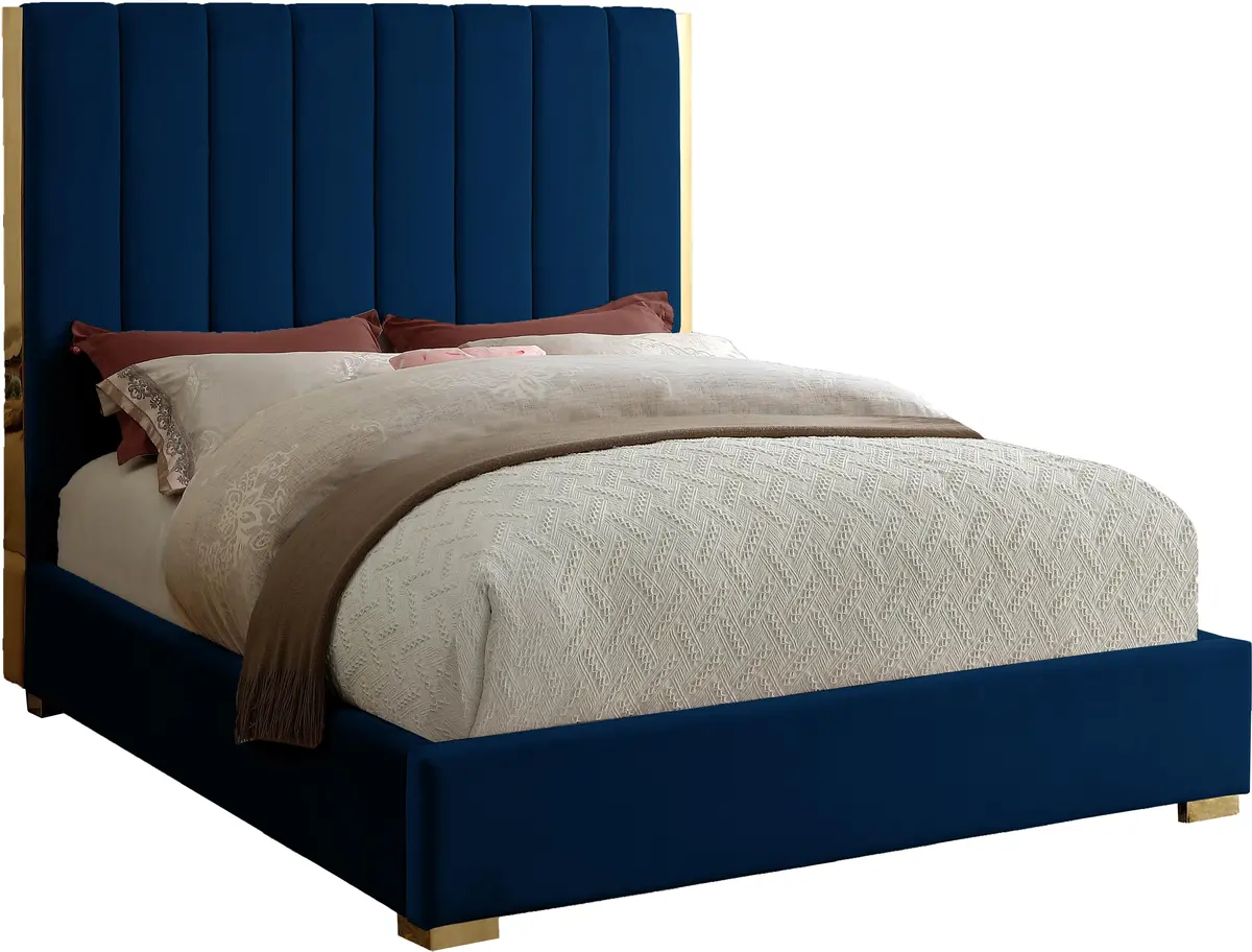 Becca Navy Velvet Queen Bed 1