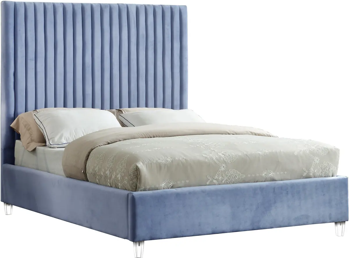 Candace Sky Blue Velvet King Bed 1