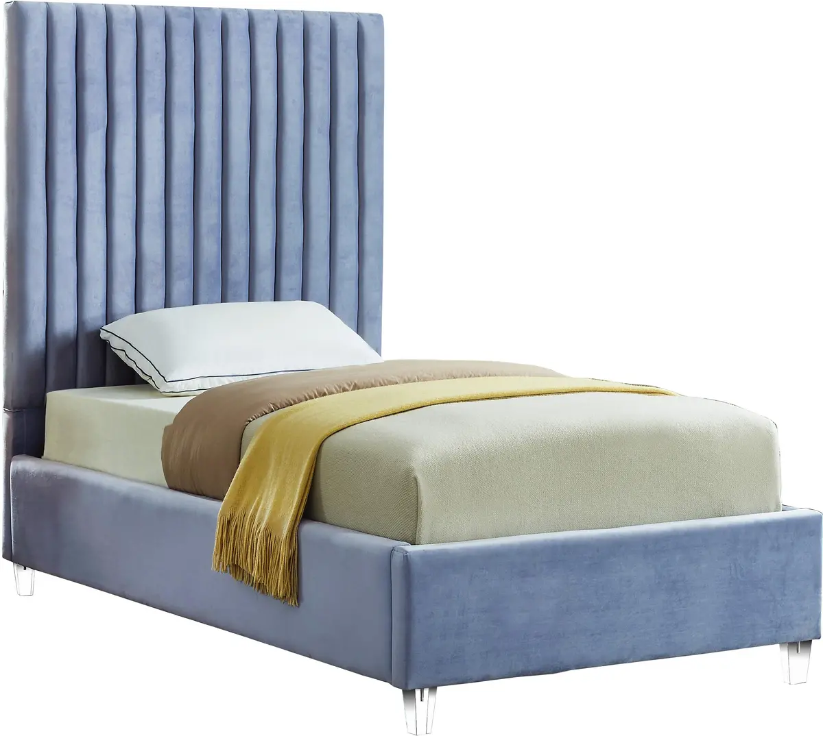 Candace Sky Blue Velvet Twin Bed 1