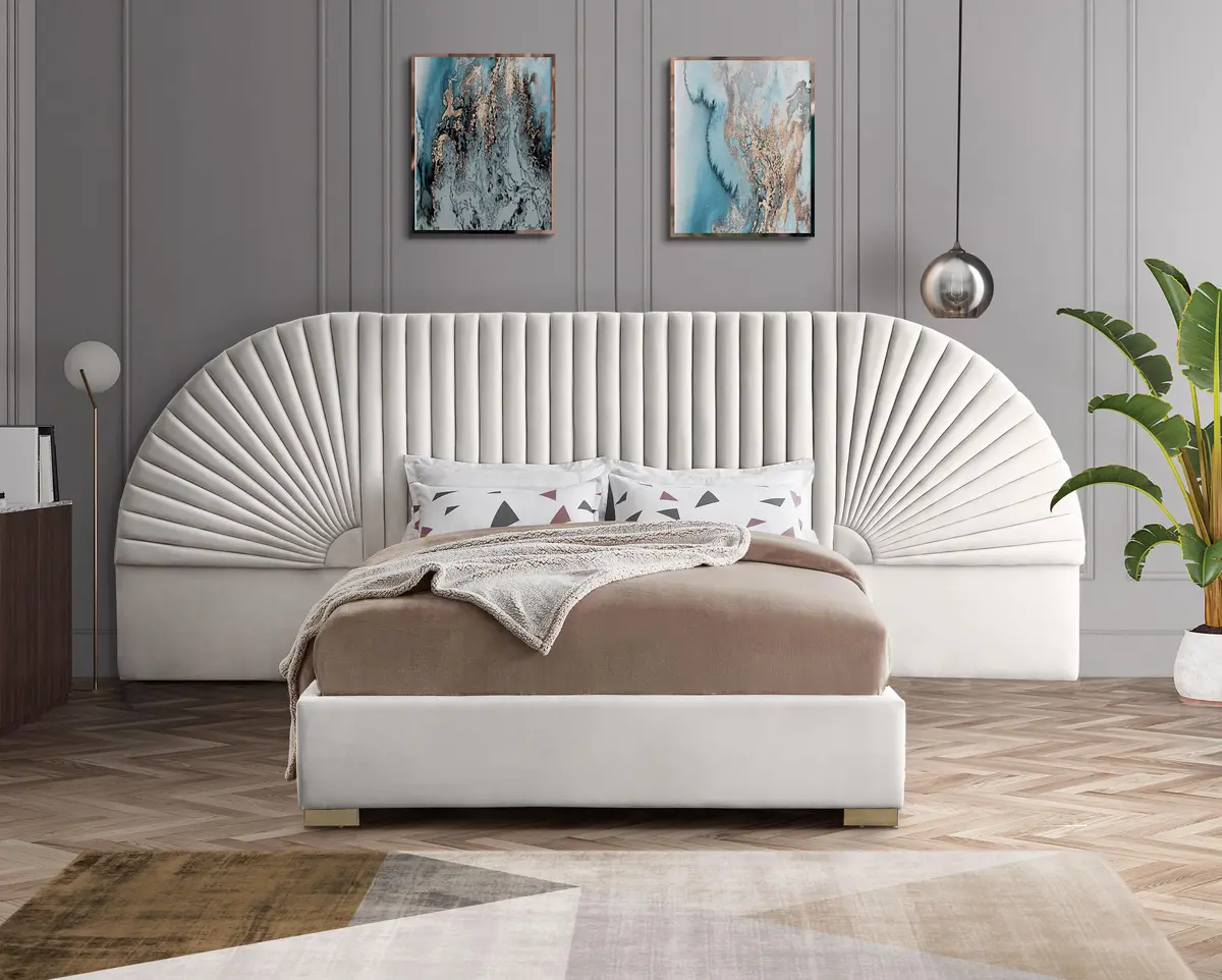 Cleo Cream Velvet King Bed (3 Boxes) 2