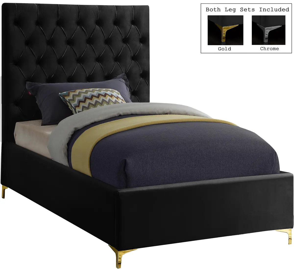 Cruz Black Velvet Twin Bed 1