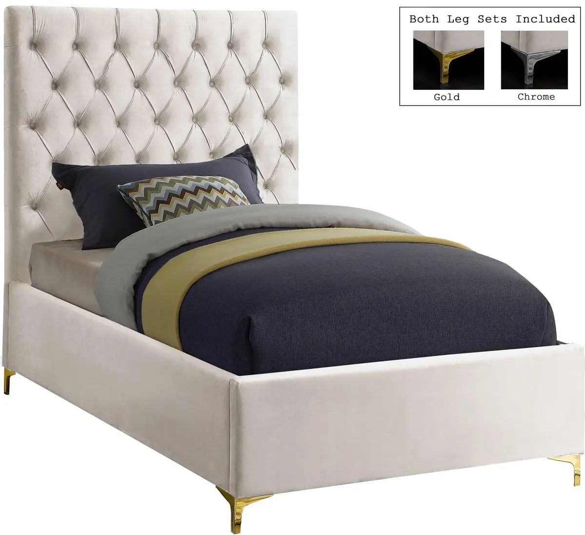 Cruz Cream Velvet Twin Bed 1