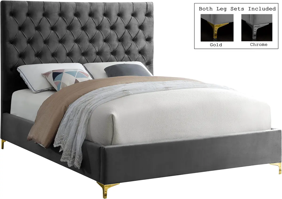 Cruz Grey Velvet Queen Bed 1