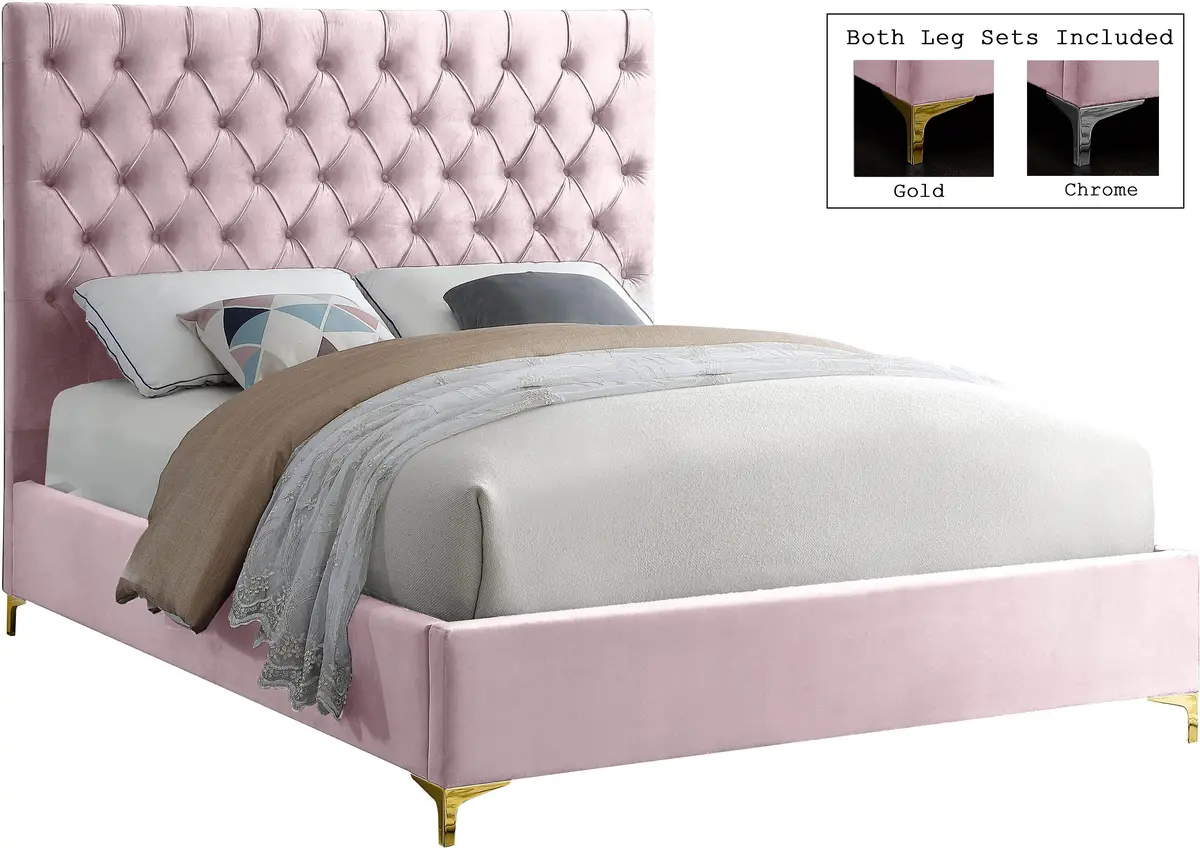 Cruz Pink Velvet Queen Bed 1