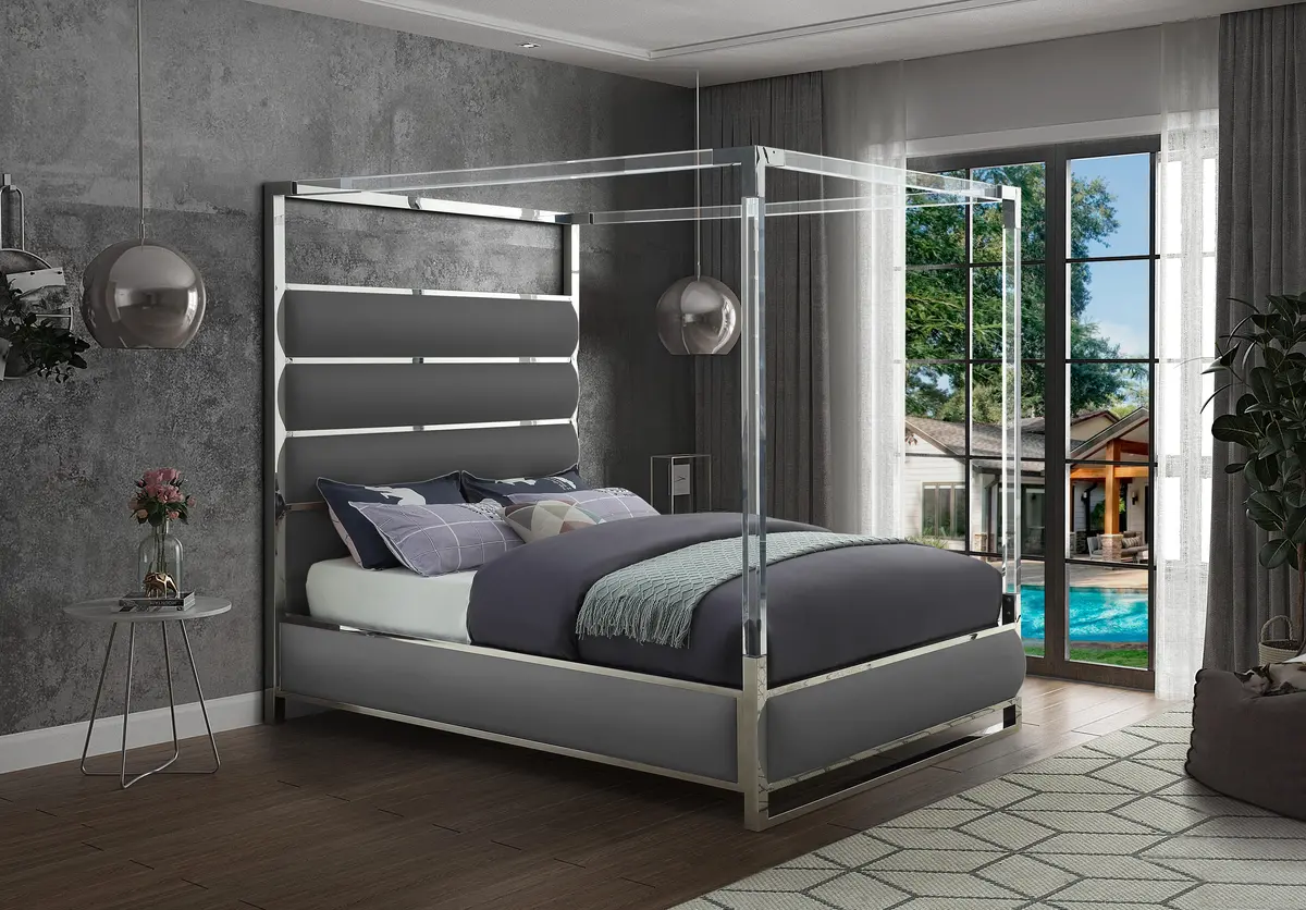 Encore Grey Faux Leather Queen Bed (4 Boxes) 2