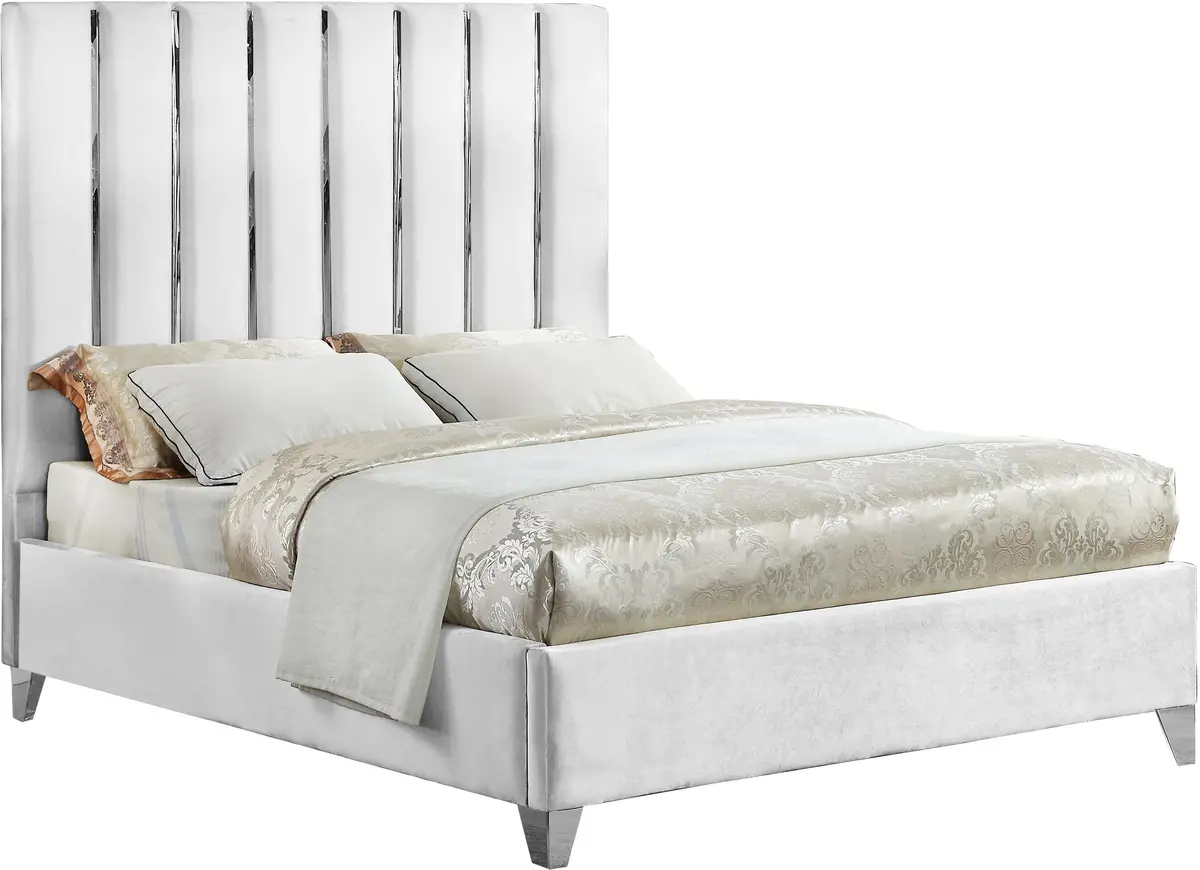 Enzo White Velvet Queen Bed 1