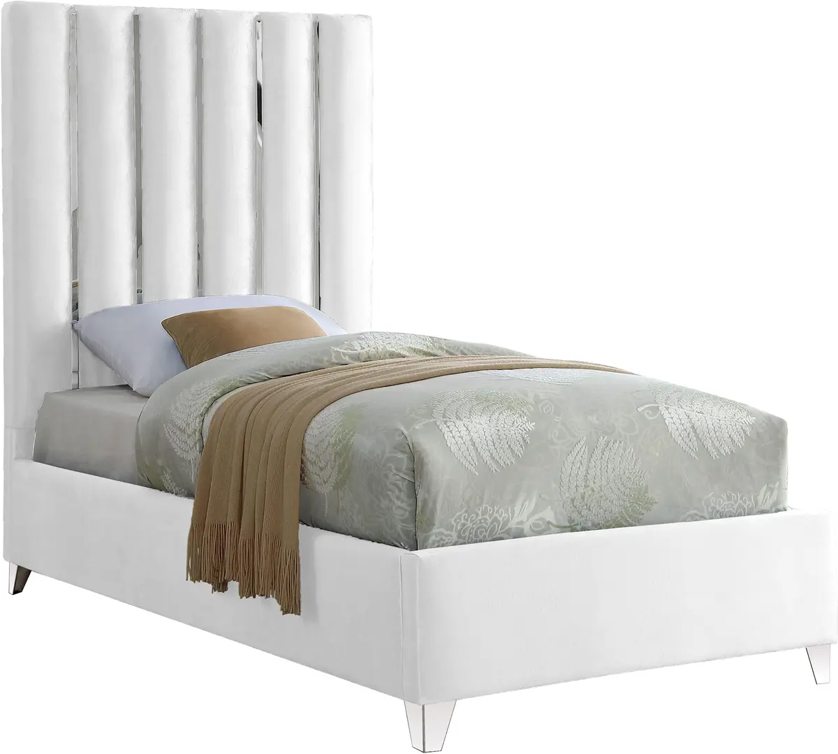 Enzo White Velvet Twin Bed 1