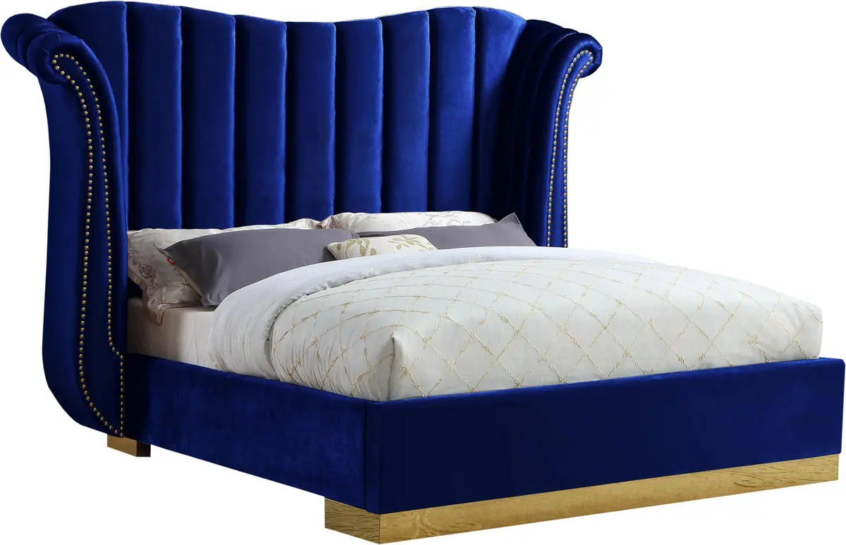 Flora Navy Velvet King Bed (3 Boxes) 1