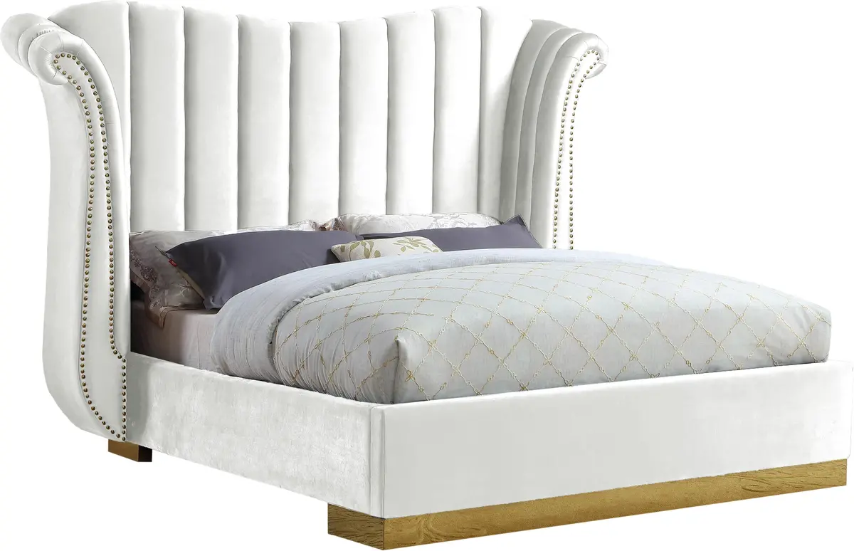 Flora White Velvet Queen Bed (3 Boxes) 1