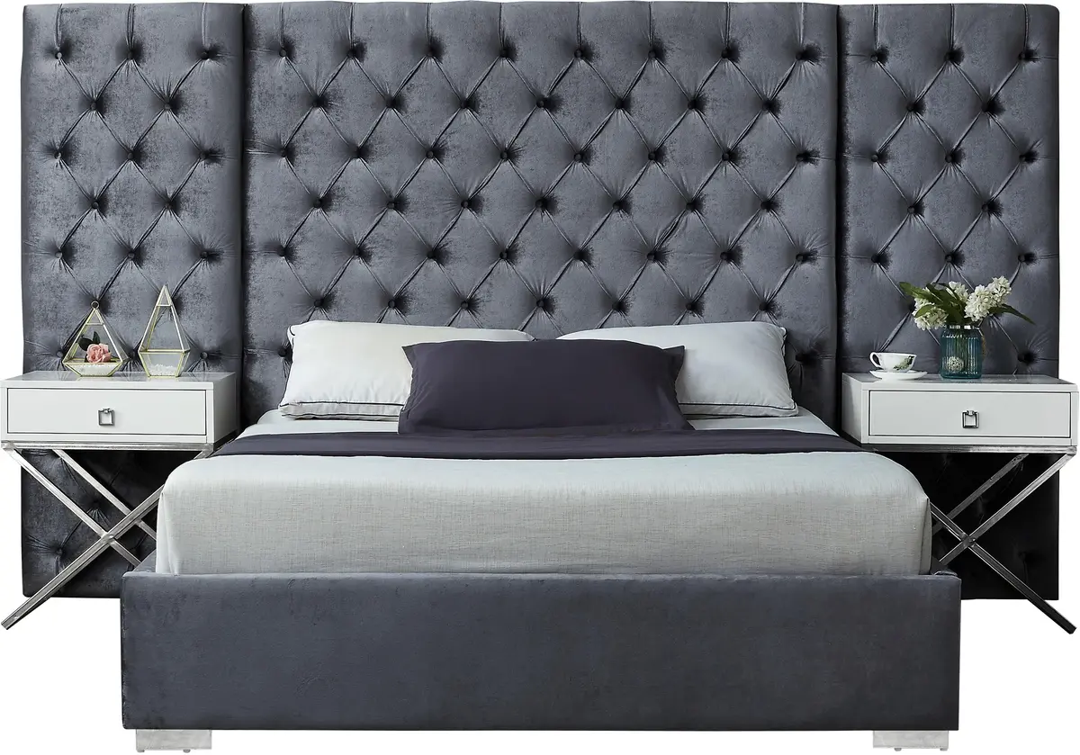 Grande Grey Velvet Queen Bed (3 Boxes) 1