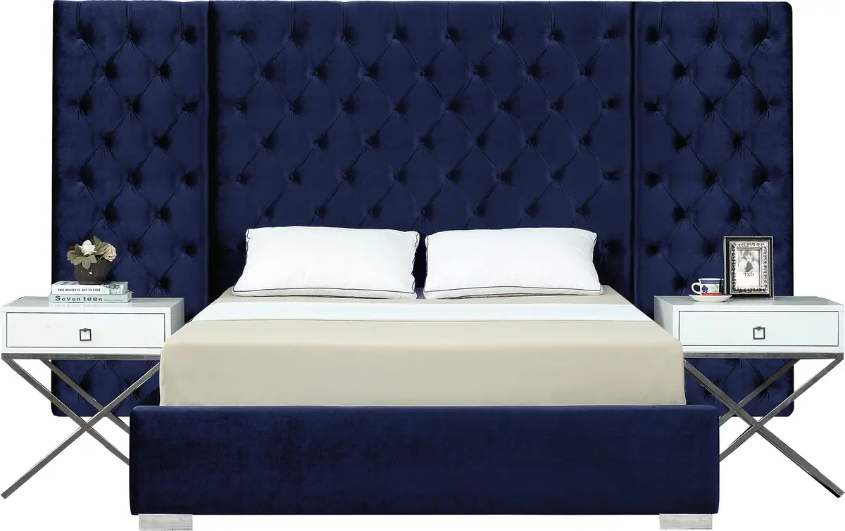 Grande Navy Velvet Queen Bed (3 Boxes) 1