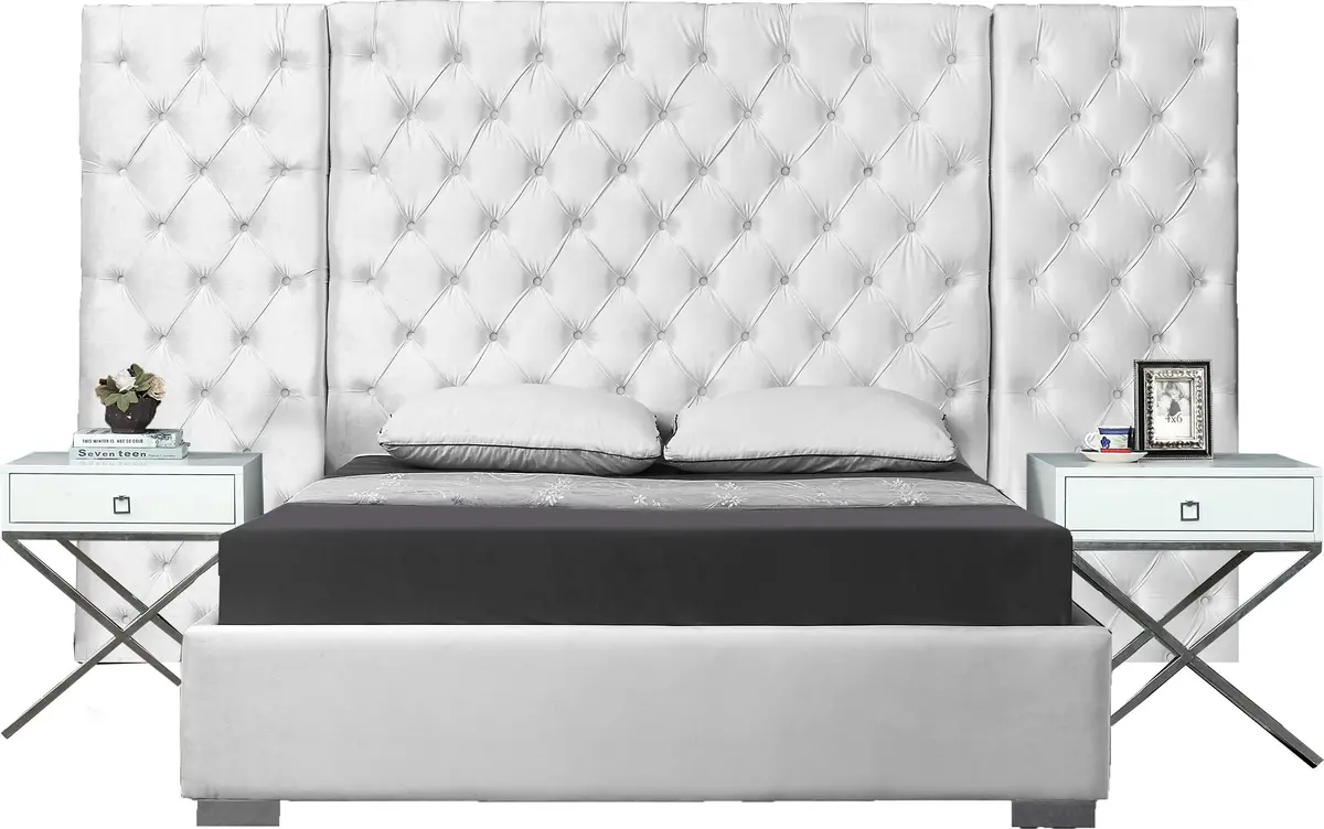 Grande White Velvet Queen Bed (3 Boxes) 1
