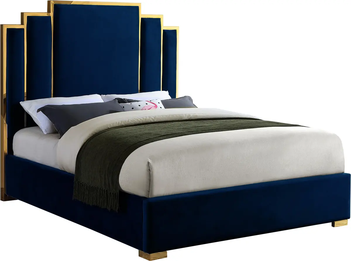 Hugo Navy Velvet Queen Bed 1