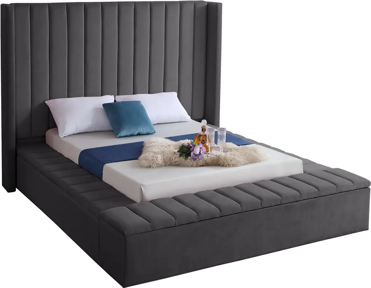 Kiki Grey Velvet King Bed (3 Boxes) 1