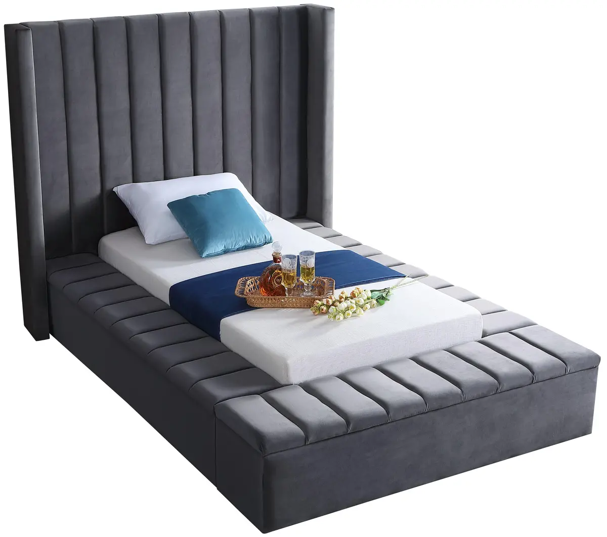 Kiki Grey Velvet Twin Bed (3 Boxes) 1