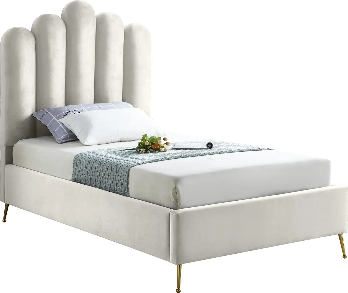 Lily Cream Velvet Twin Bed 1