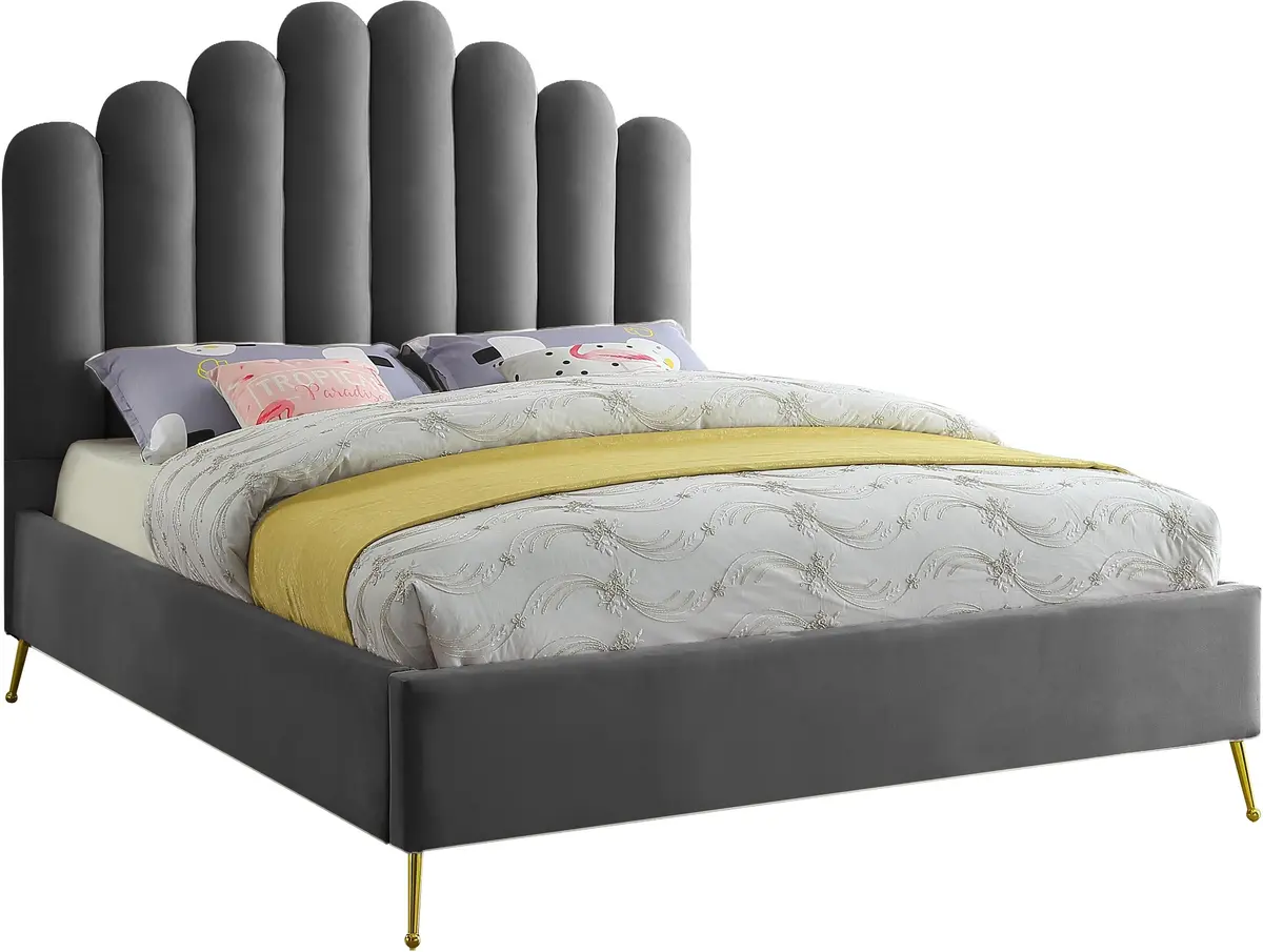 Lily Grey Velvet Queen Bed 1