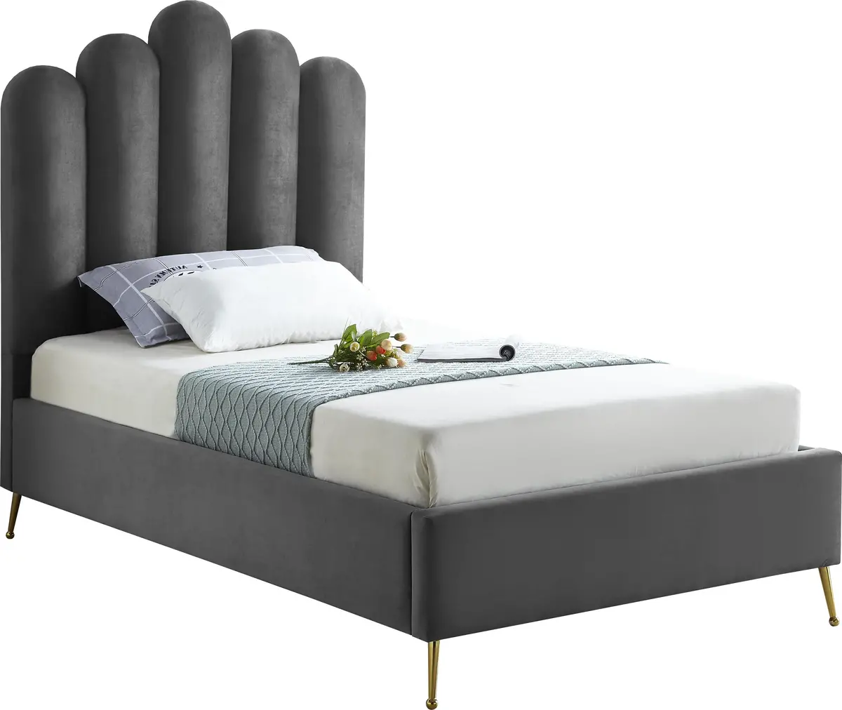 Lily Grey Velvet Twin Bed 1