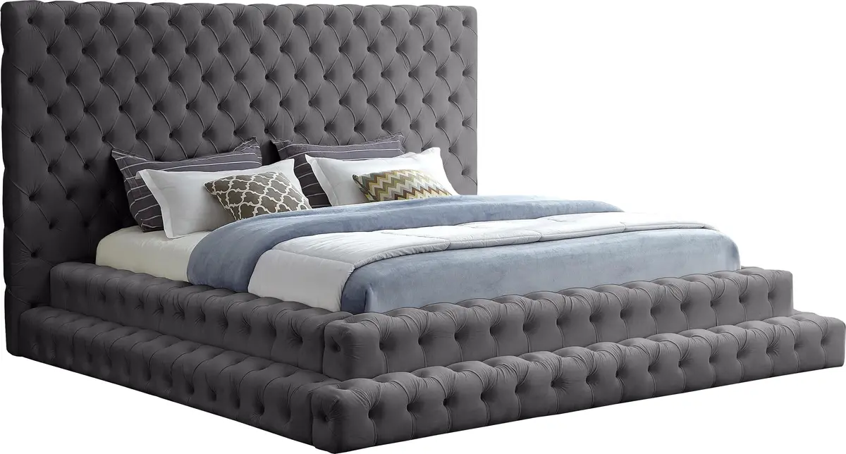 Revel Grey Velvet King Bed (3 Boxes) 1