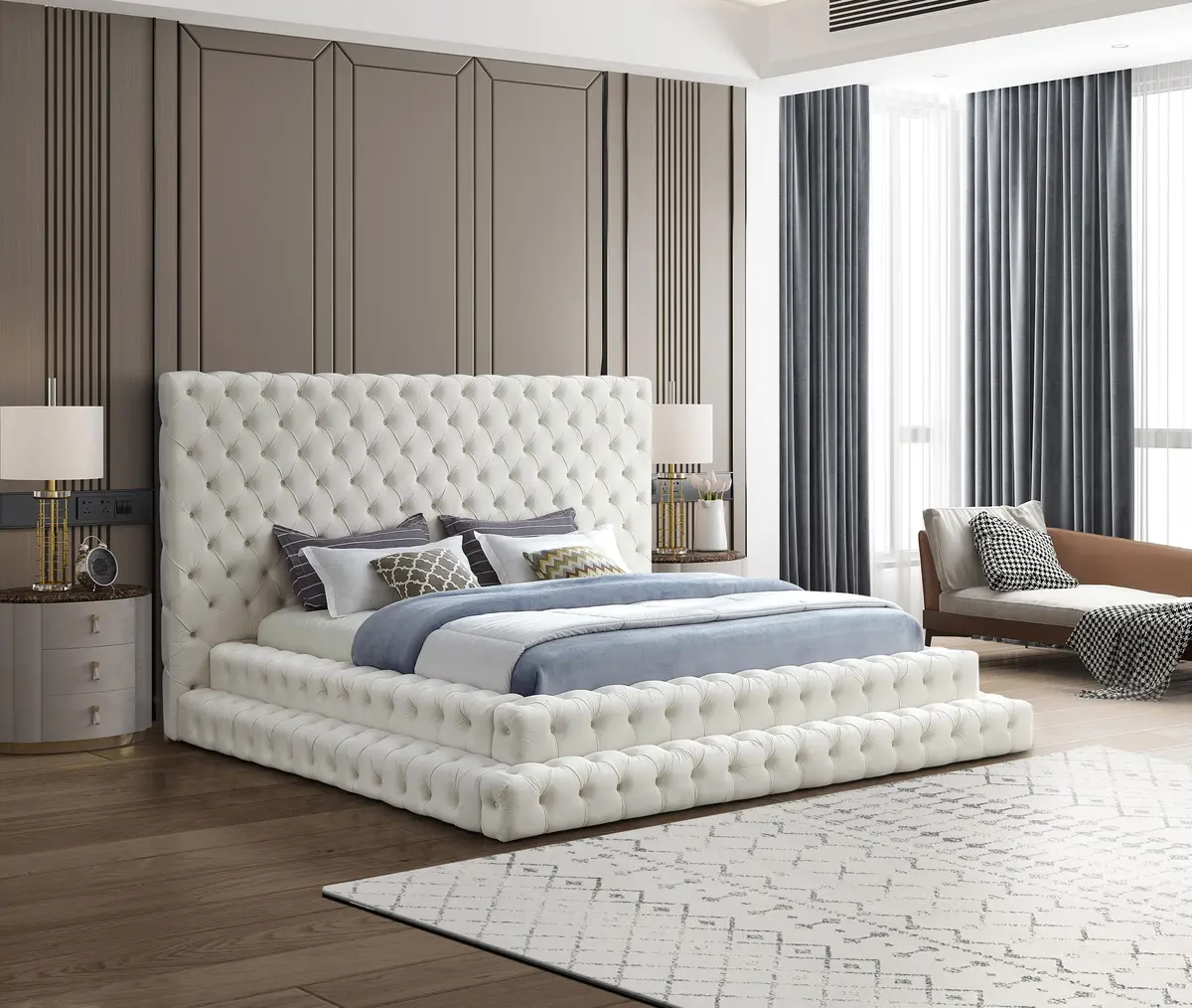Revel Cream Velvet King Bed (3 Boxes) 2