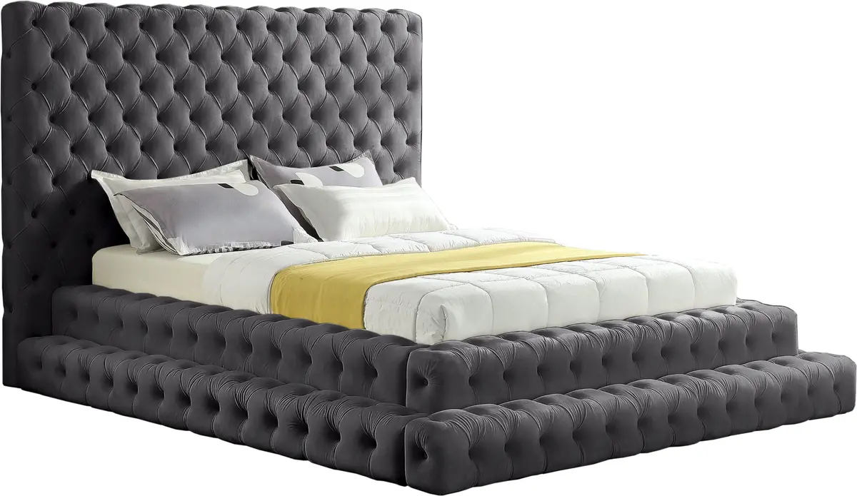 Revel Grey Velvet Queen Bed (3 Boxes) 1