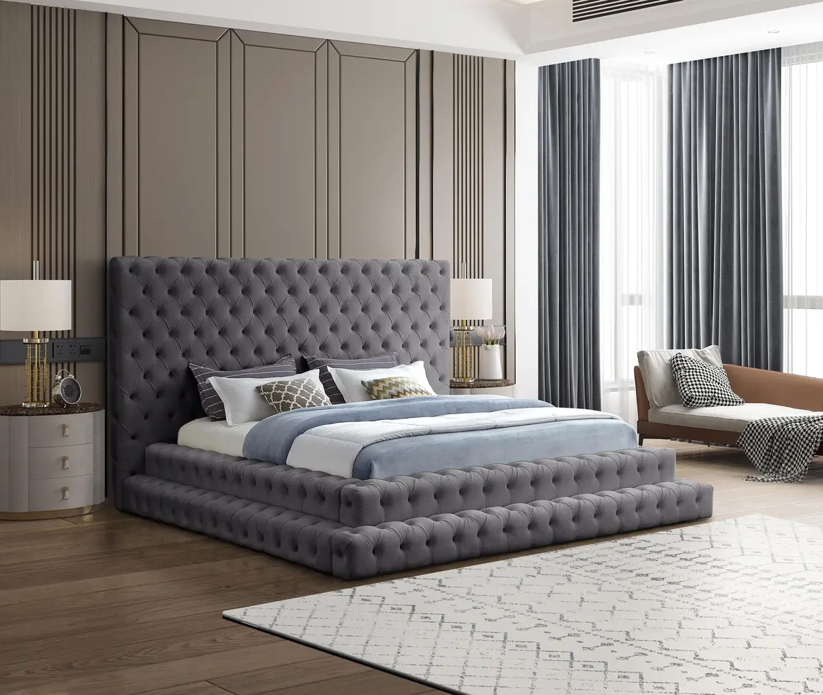 Revel Grey Velvet King Bed (3 Boxes) 2