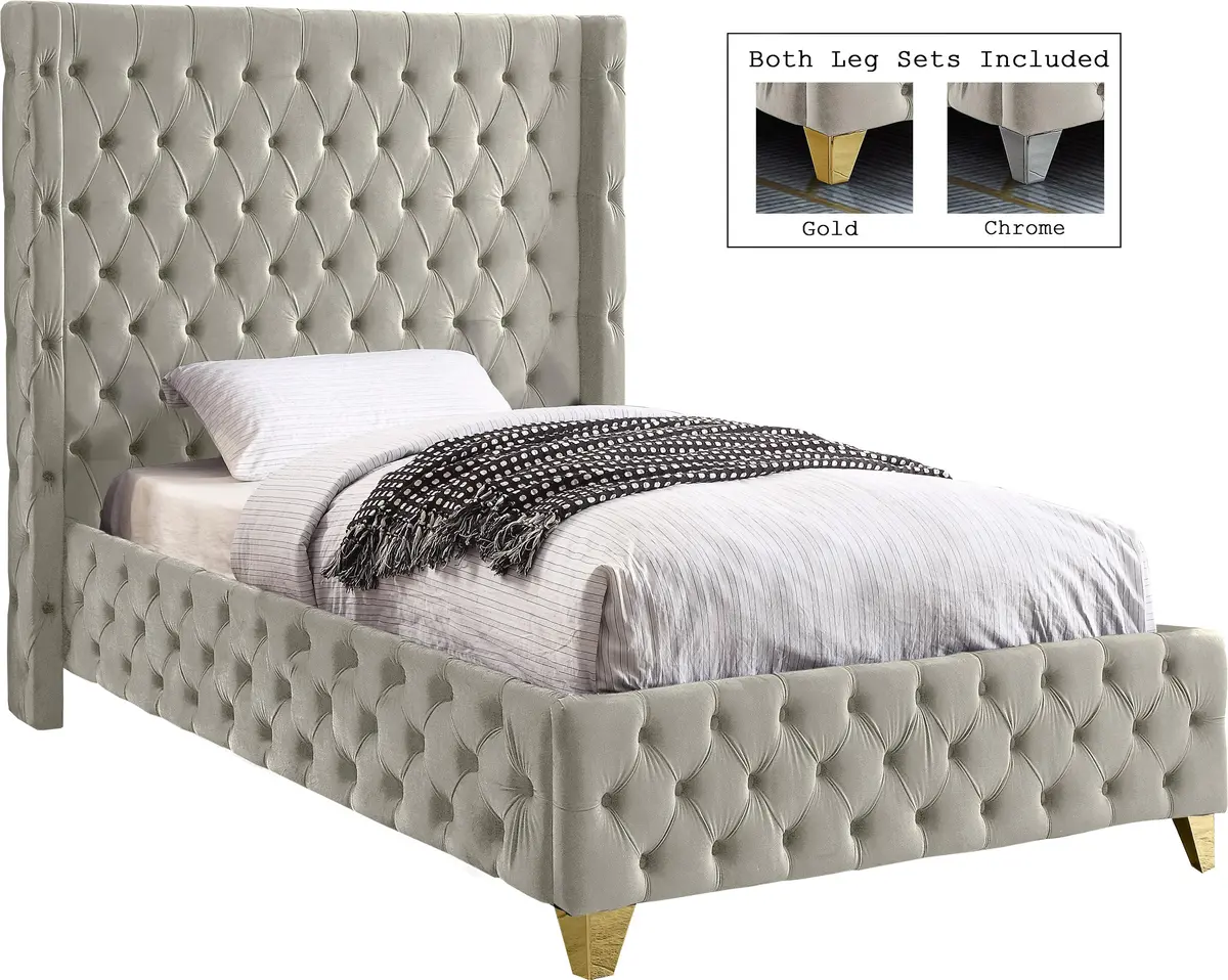 Savan Cream Velvet Twin Bed 1