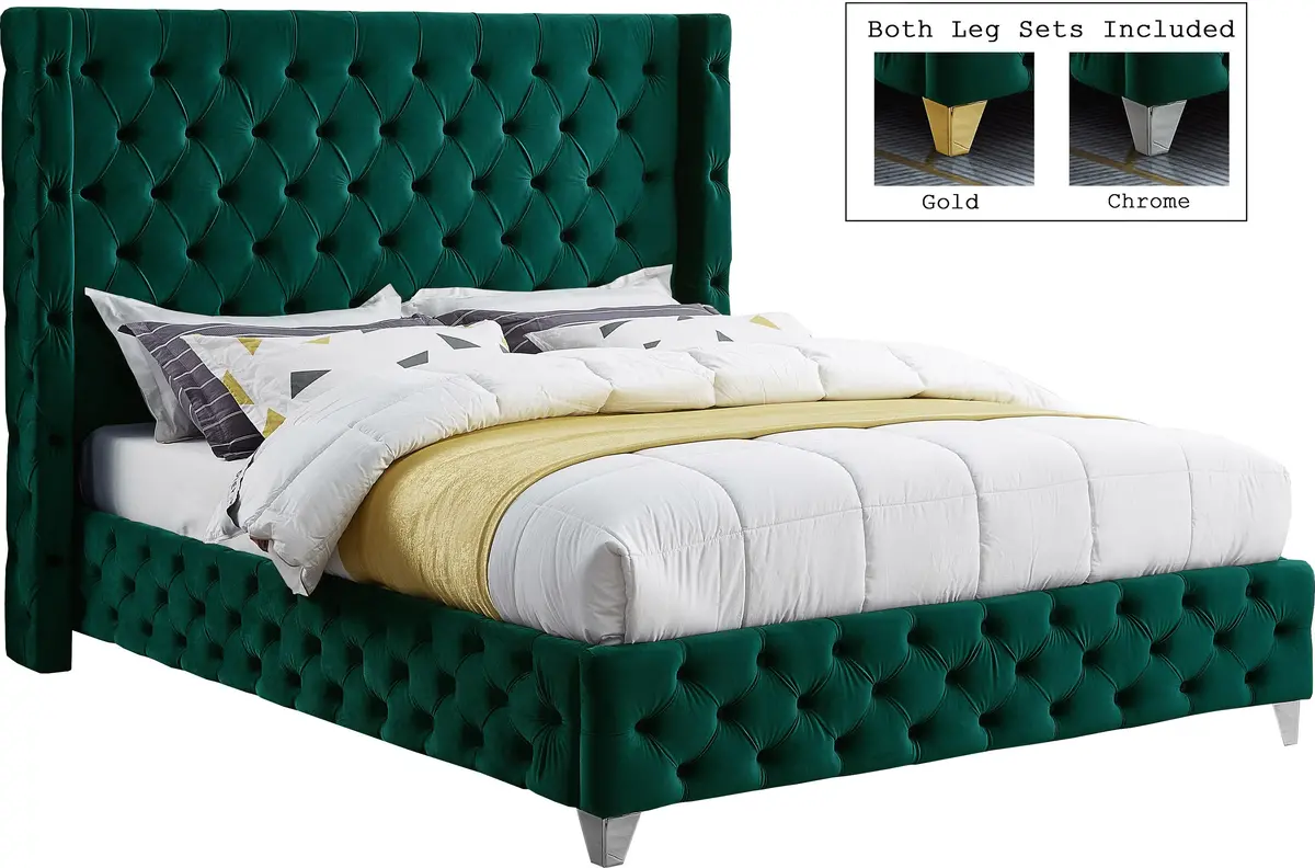 Savan Green Velvet Queen Bed 2