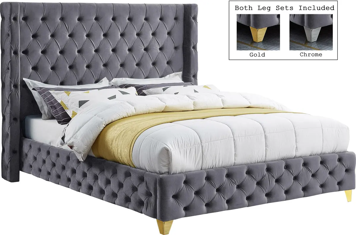 Savan Grey Velvet Queen Bed 1