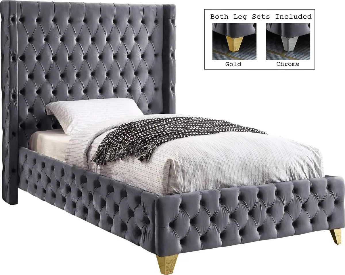 Savan Grey Velvet Twin Bed 1
