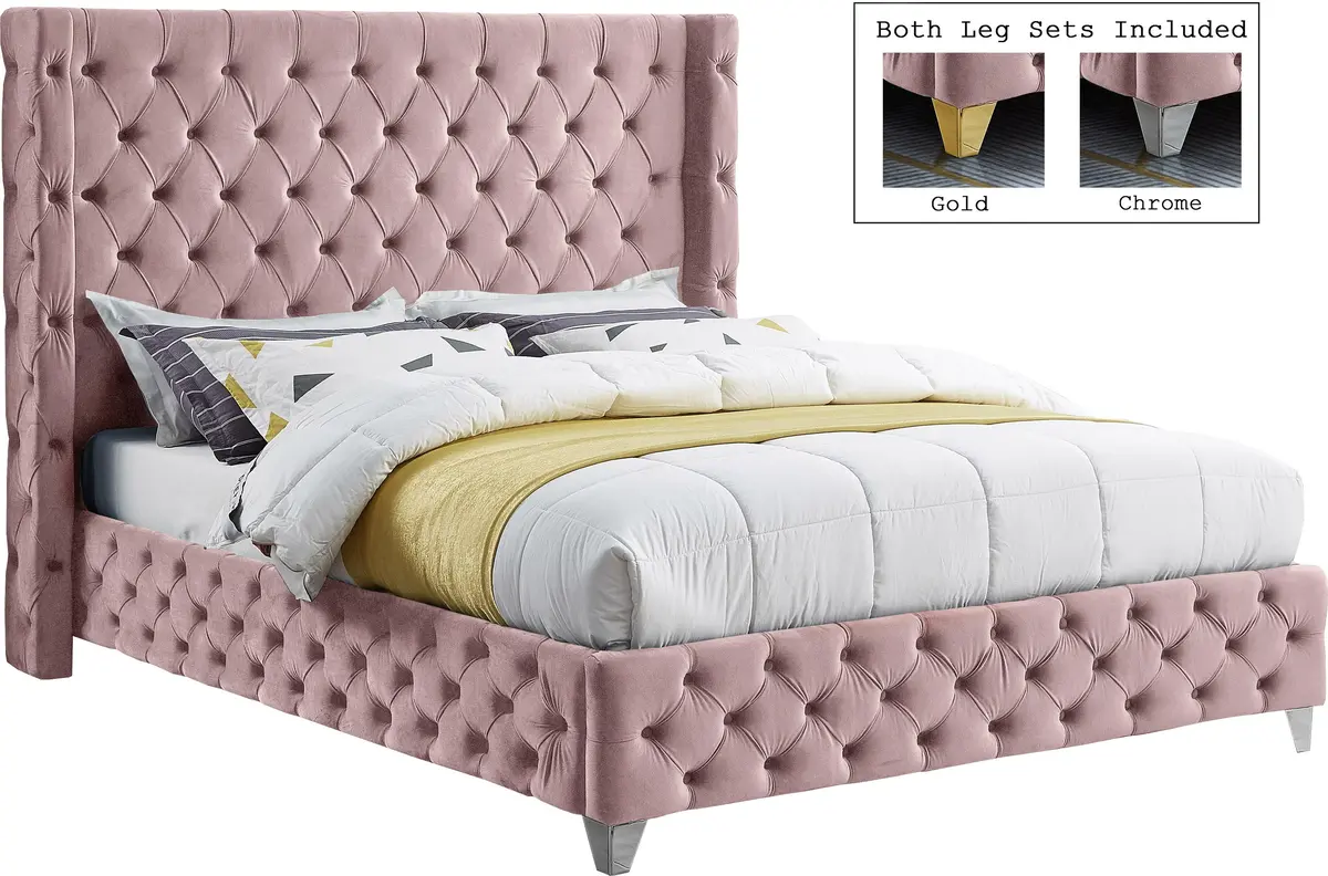Savan Pink Velvet King Bed 2