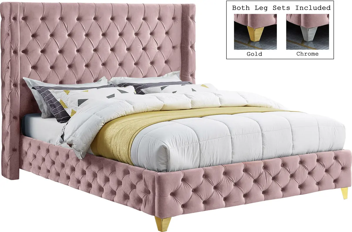 Savan Pink Velvet Queen Bed 1
