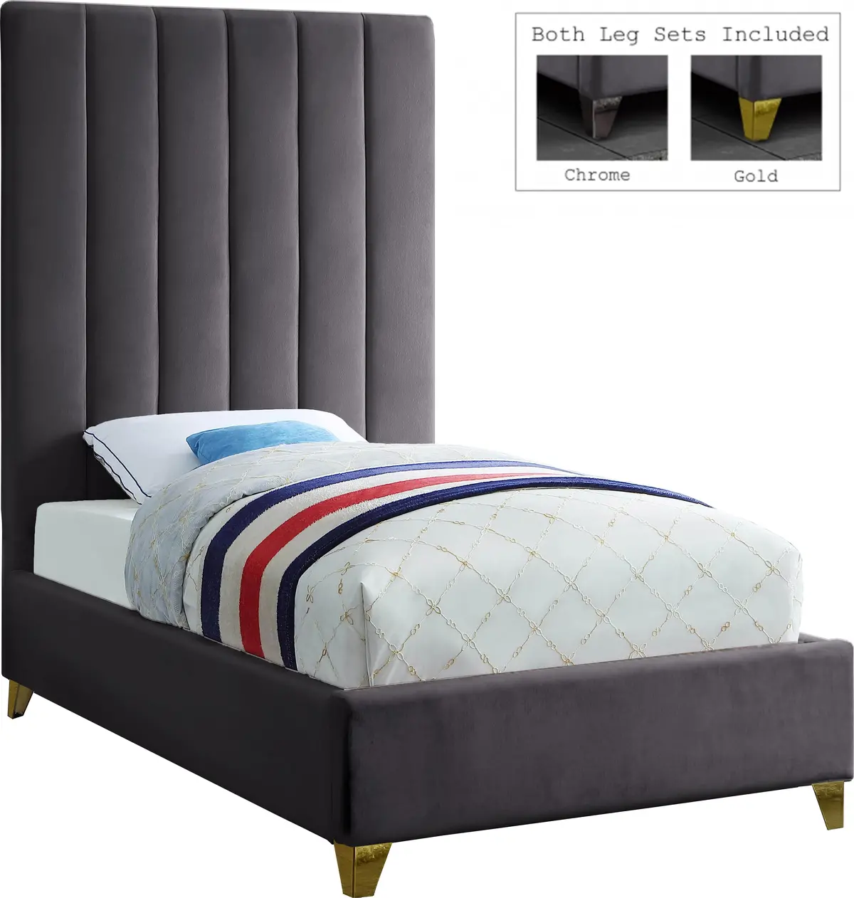 Via Grey Velvet Twin Bed 1