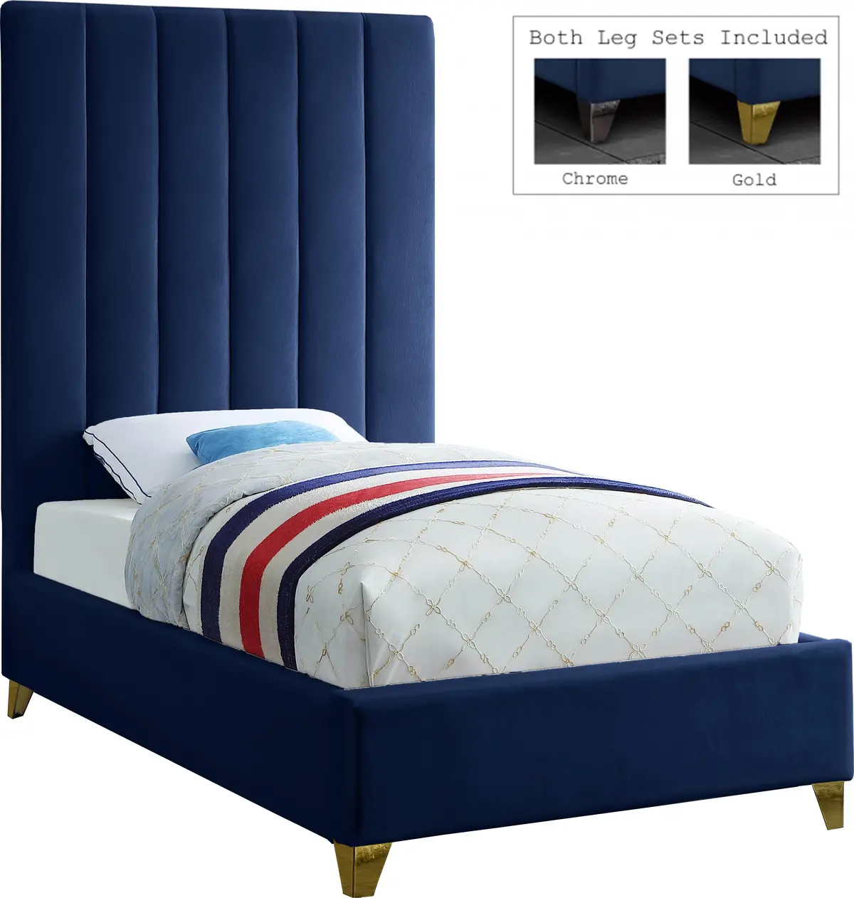 Via Navy Velvet Twin Bed 1