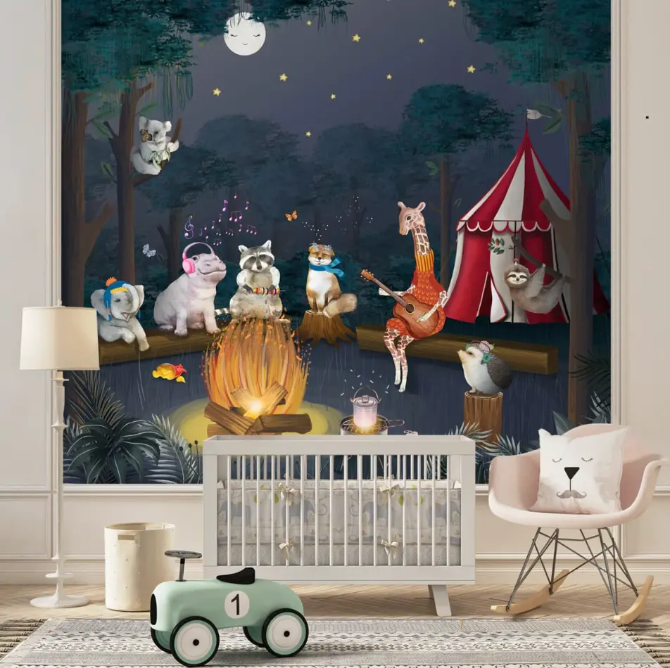 Bonfire Jungle Animals Wallpaper For Toddlers, Kids Room 1