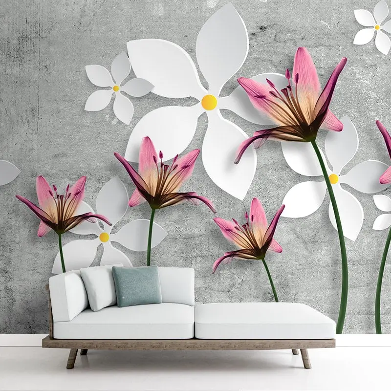 Pink Lily Flower 3D Design Wallpaper, Grey Background 1