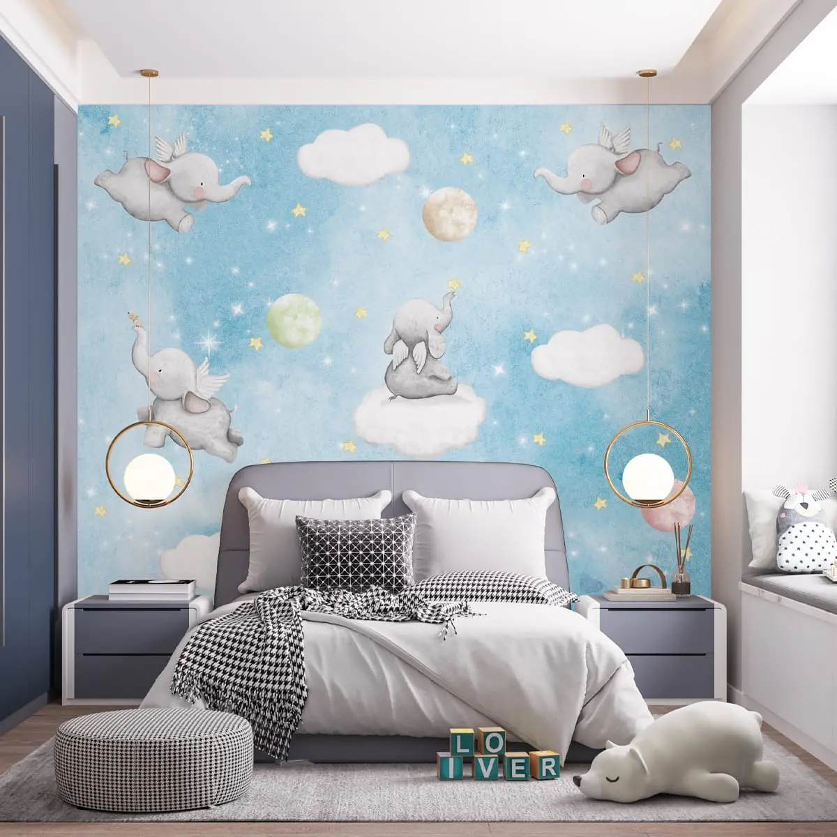 Cute Elephants On Clouds In Starry Night, Kids Wallpaper, Customised 1