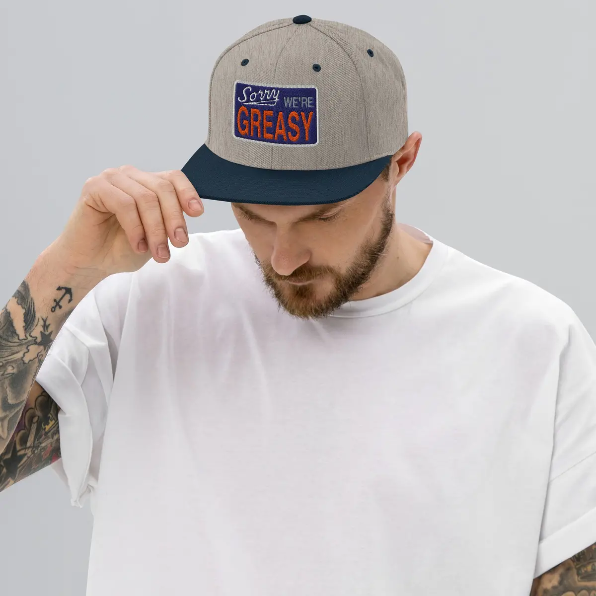Sorry We're Greasy Snapback Hat 3