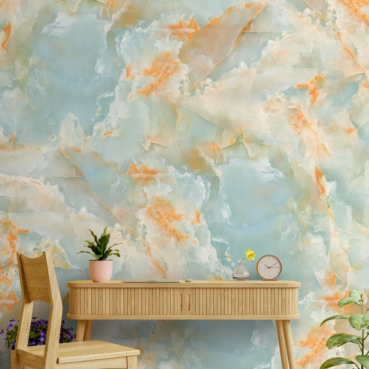Marble Design Wallpaper For Rooms, Green And Orange 1