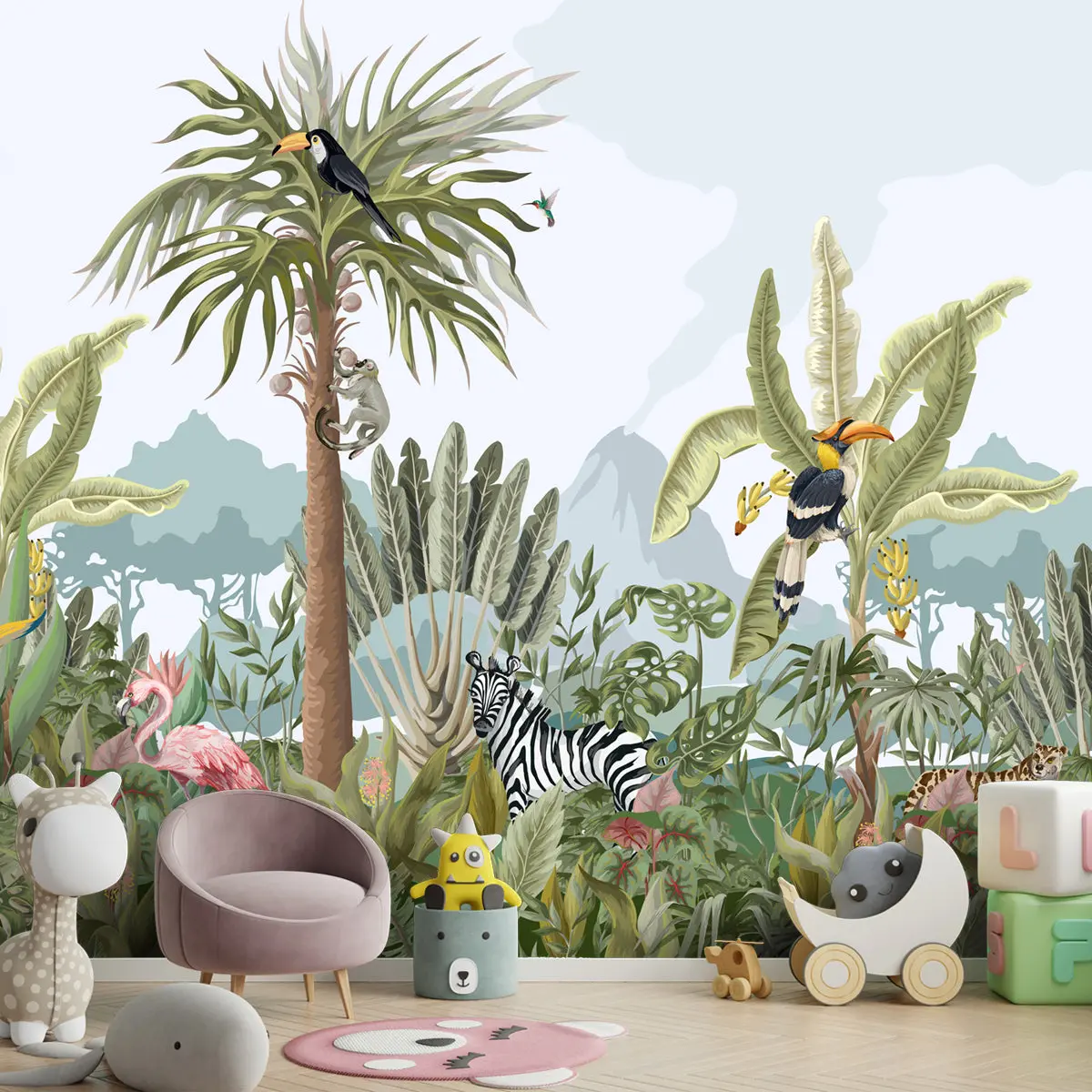 Tropical Jungle With Animals Wallpaper For Kids, Customised 1