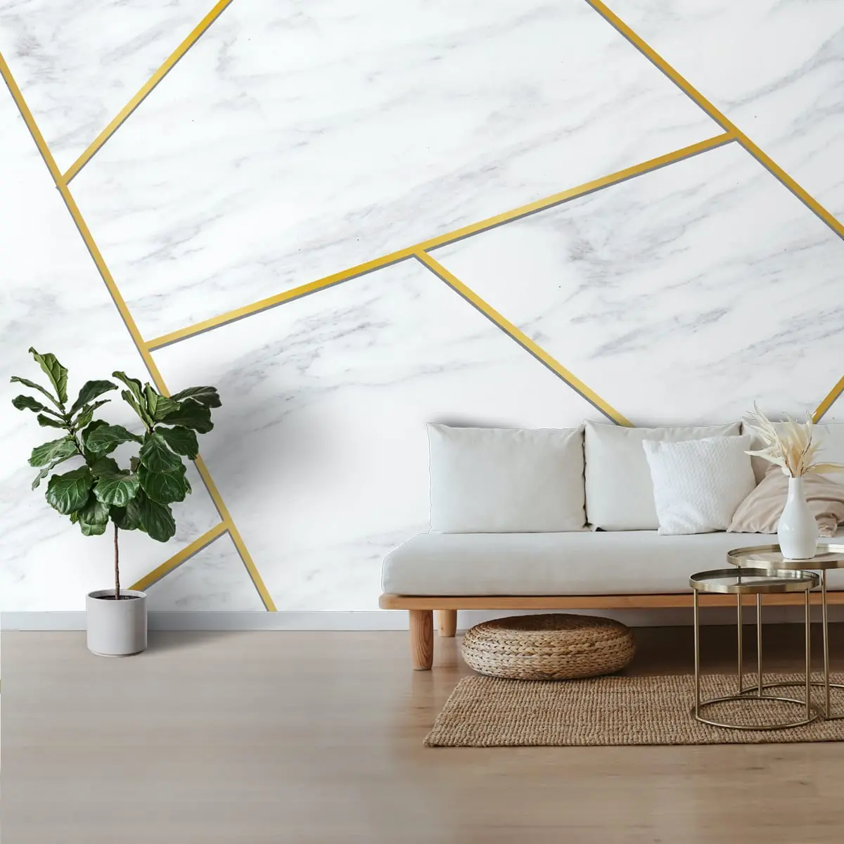 White Marble Design With Golden Stripes Wallpaper 1