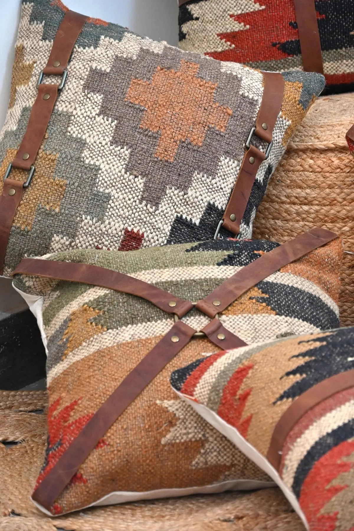Dale Kilim Ikat & Leather Cushion Cover 4