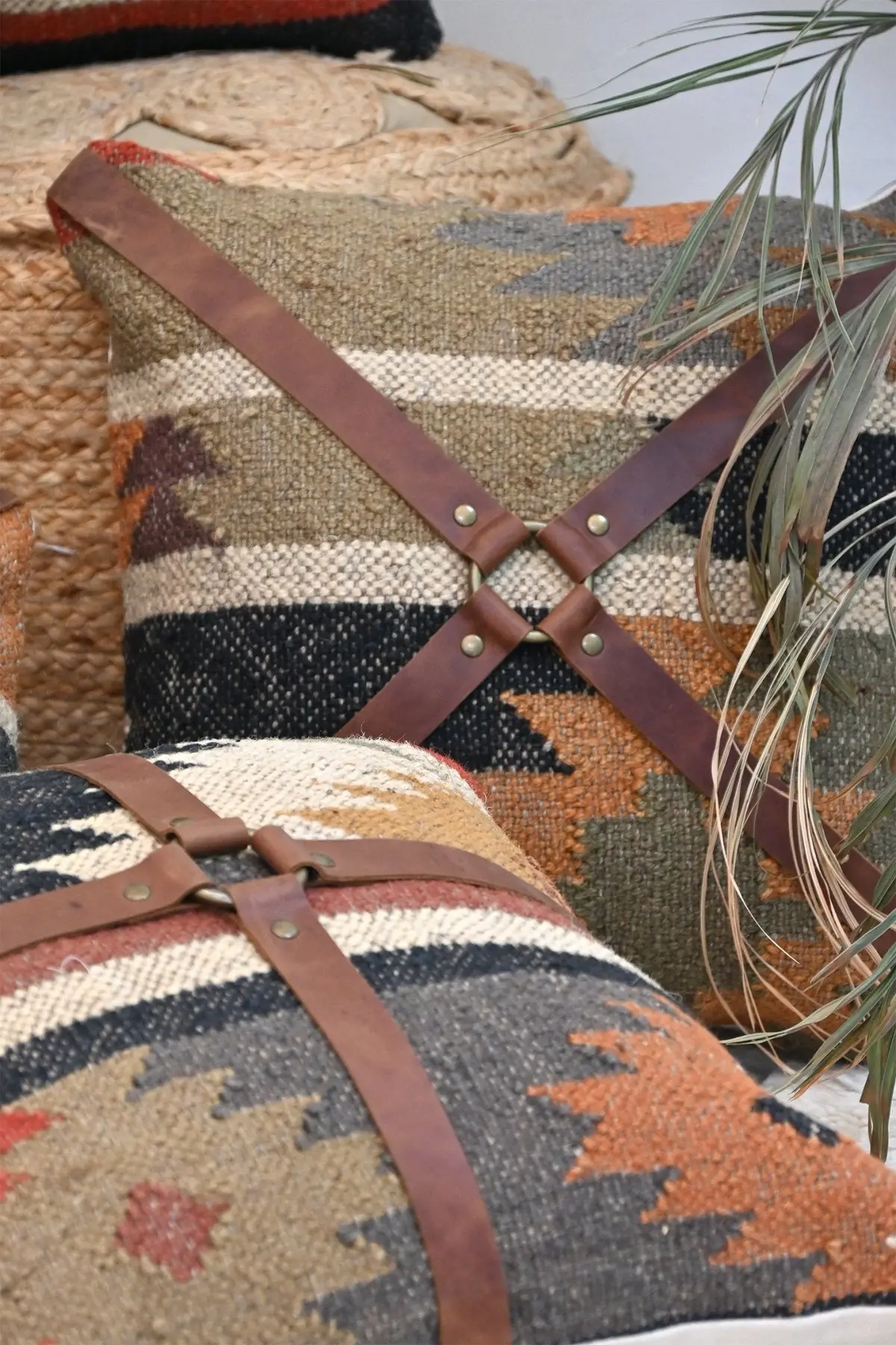 Dale Kilim Ikat & Leather Cushion Cover 3