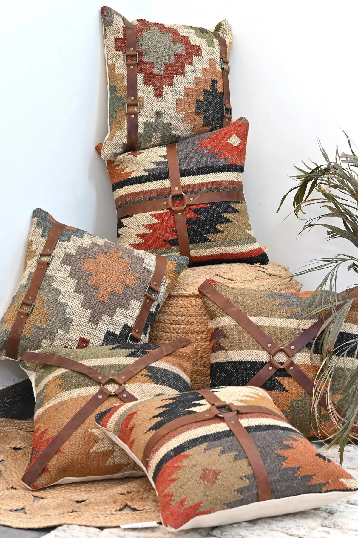 Dale Kilim Ikat & Leather Cushion Cover 1