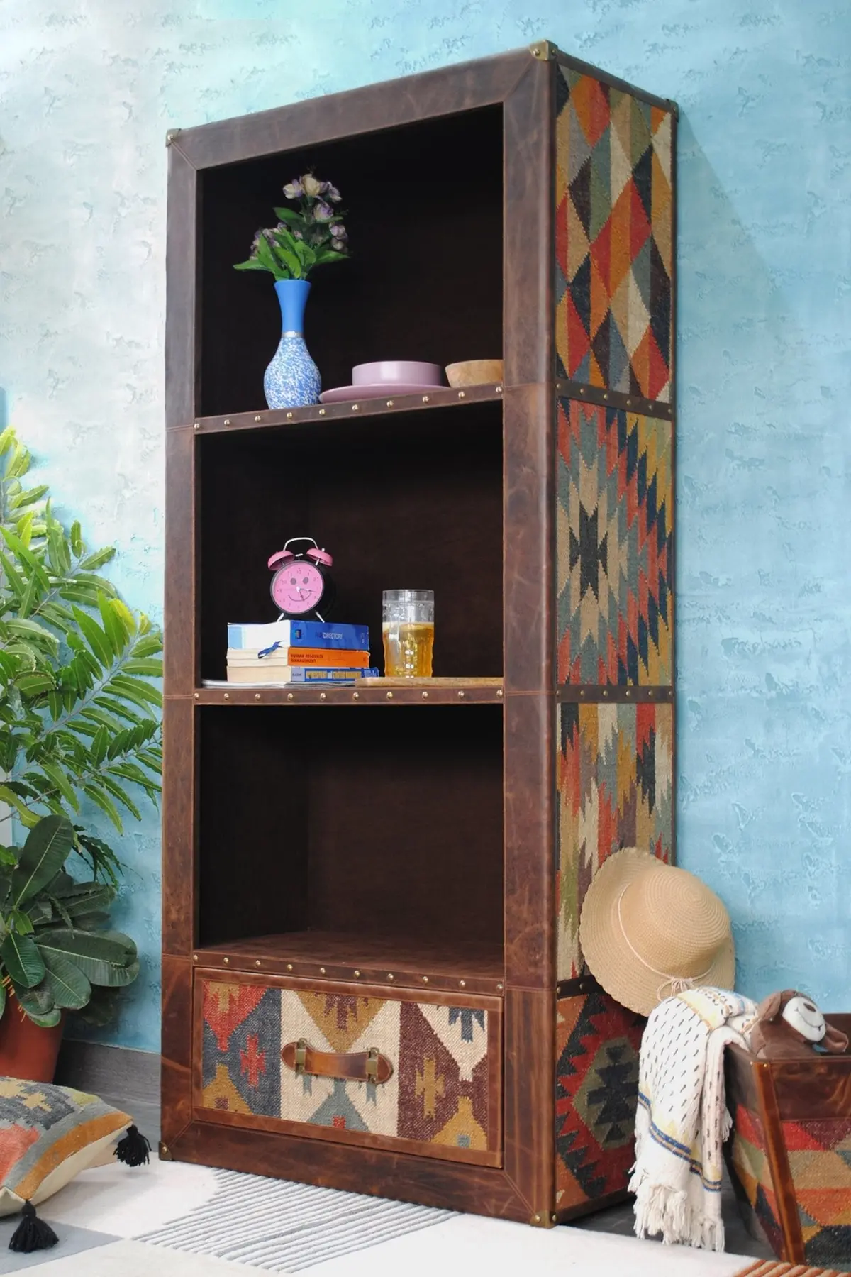 Expat- Kilim And Leather Storage Shelf/Rack 1