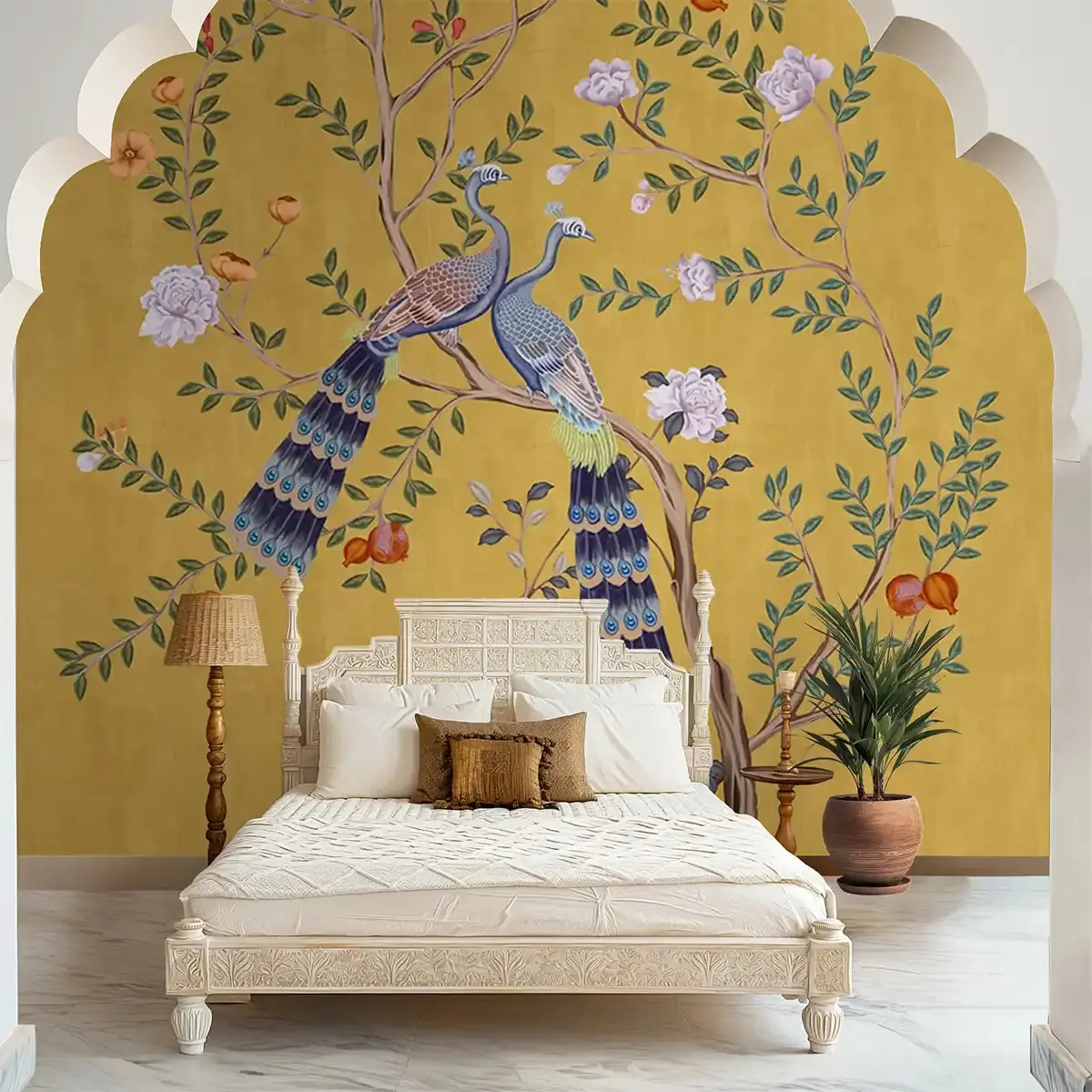 Morni, Peacock And Flowers Chinoiserie Design For Walls, Yellow 1