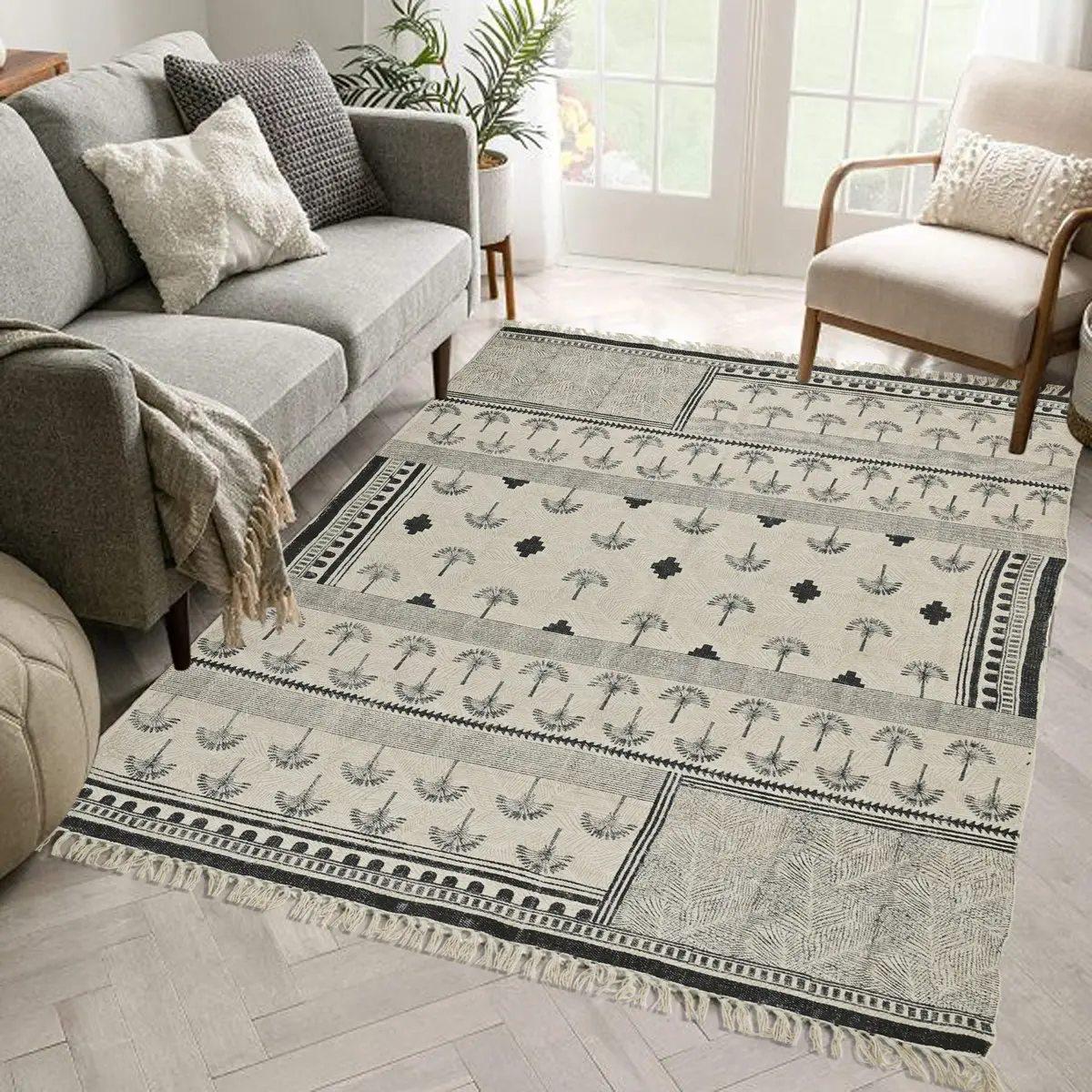 Palms Block Printed Cotton Rug 4