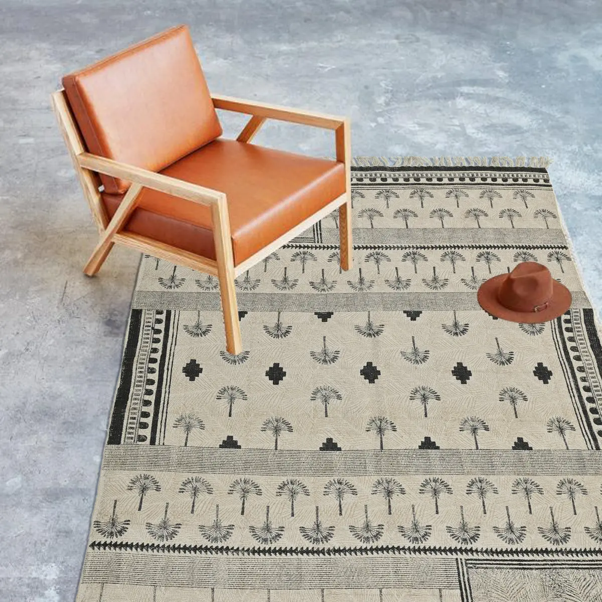 Palms Block Printed Cotton Rug 3