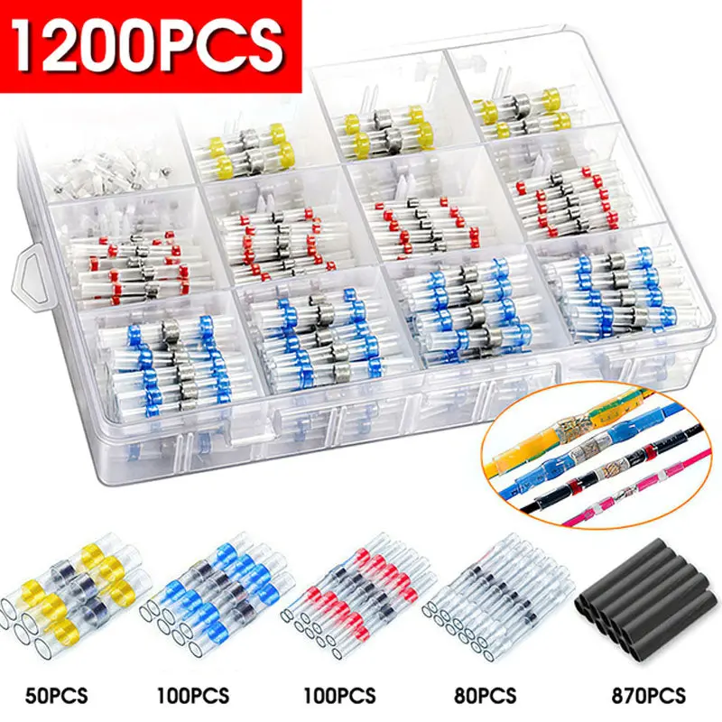 1200/800/50Pcs Heat Shrink Butt Crimp Terminals Waterproof Solder Seal Electrical Connectors Wire Cable Splice Automotive Marine 1