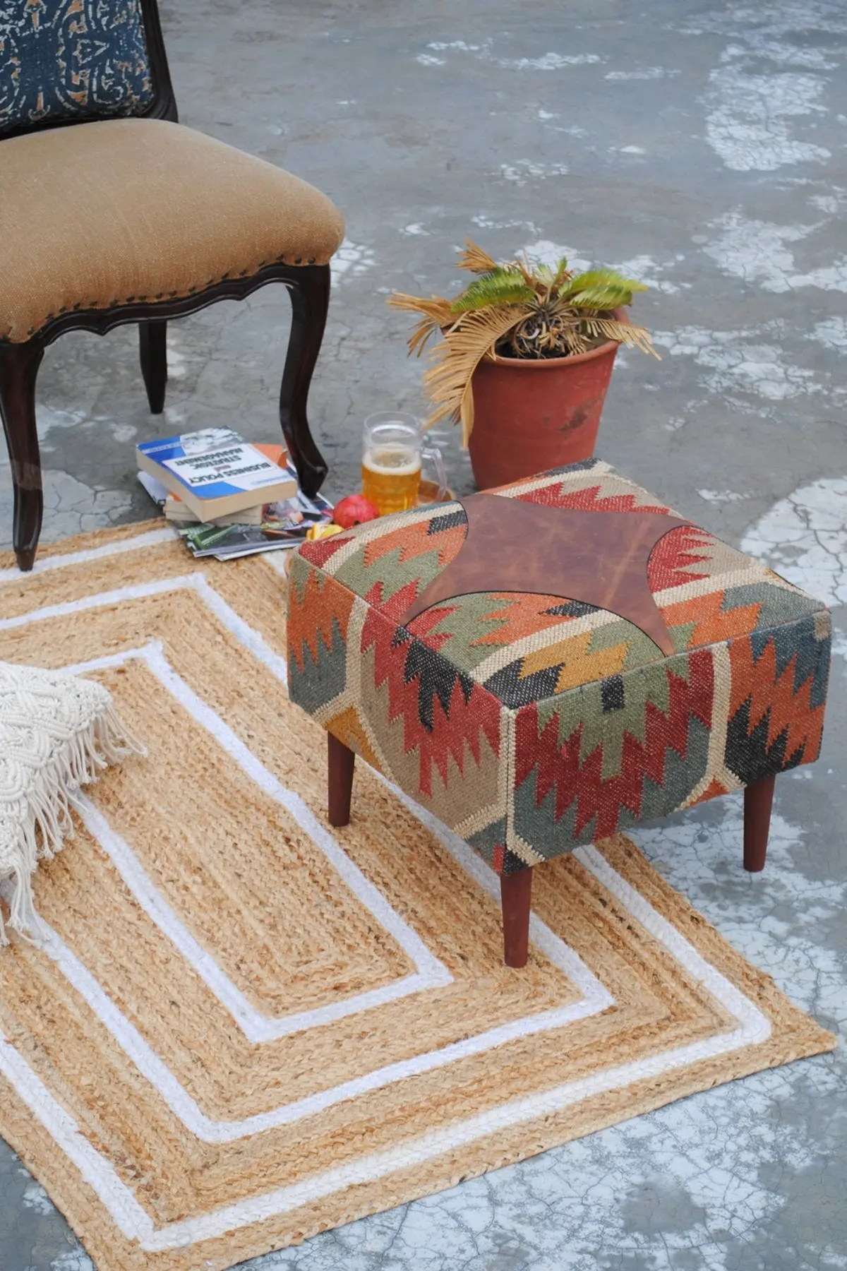 Rajah - Kilim & Leather Ottoman 1
